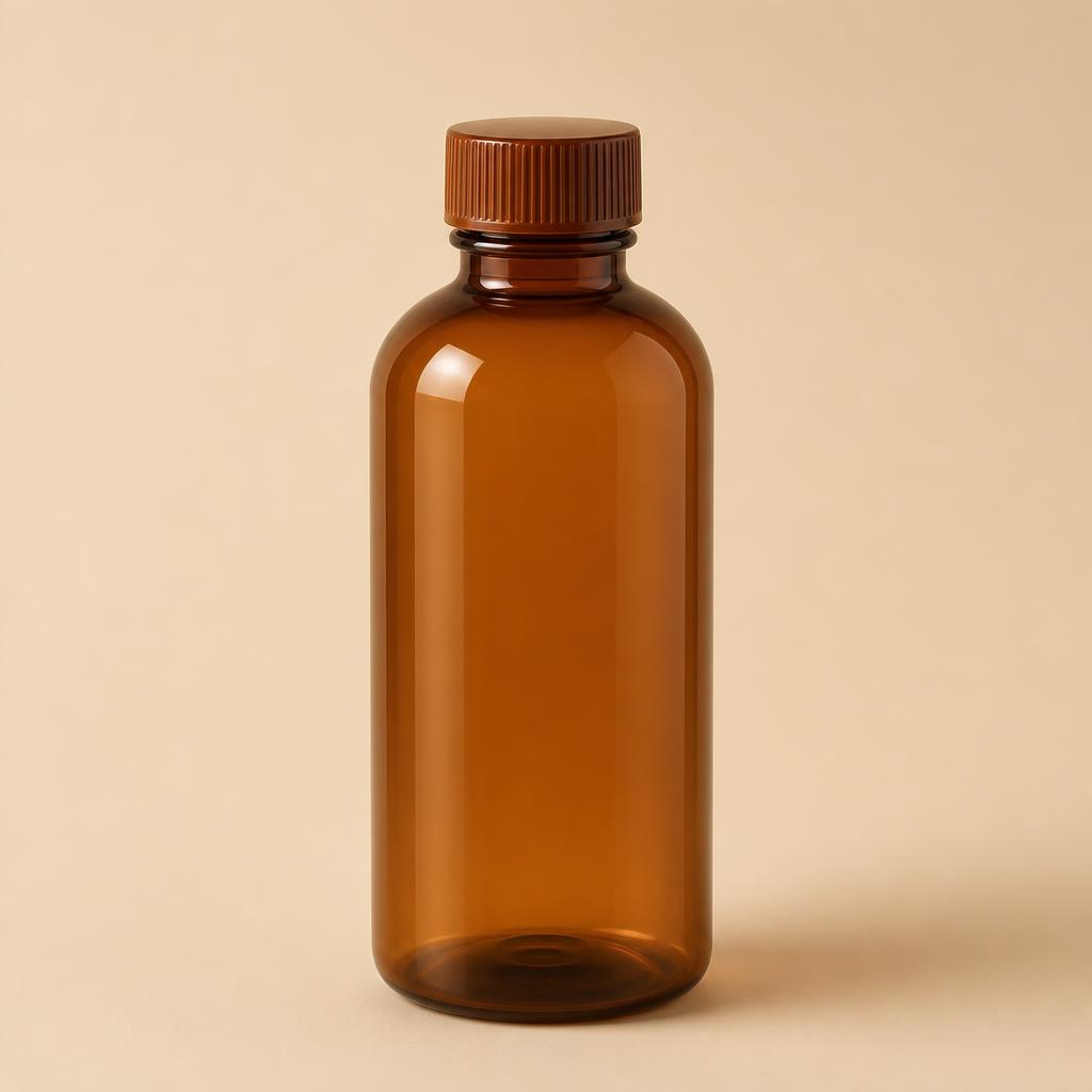 Lotion: boston round, 100 ml, amber PET with a ribbed screw cap