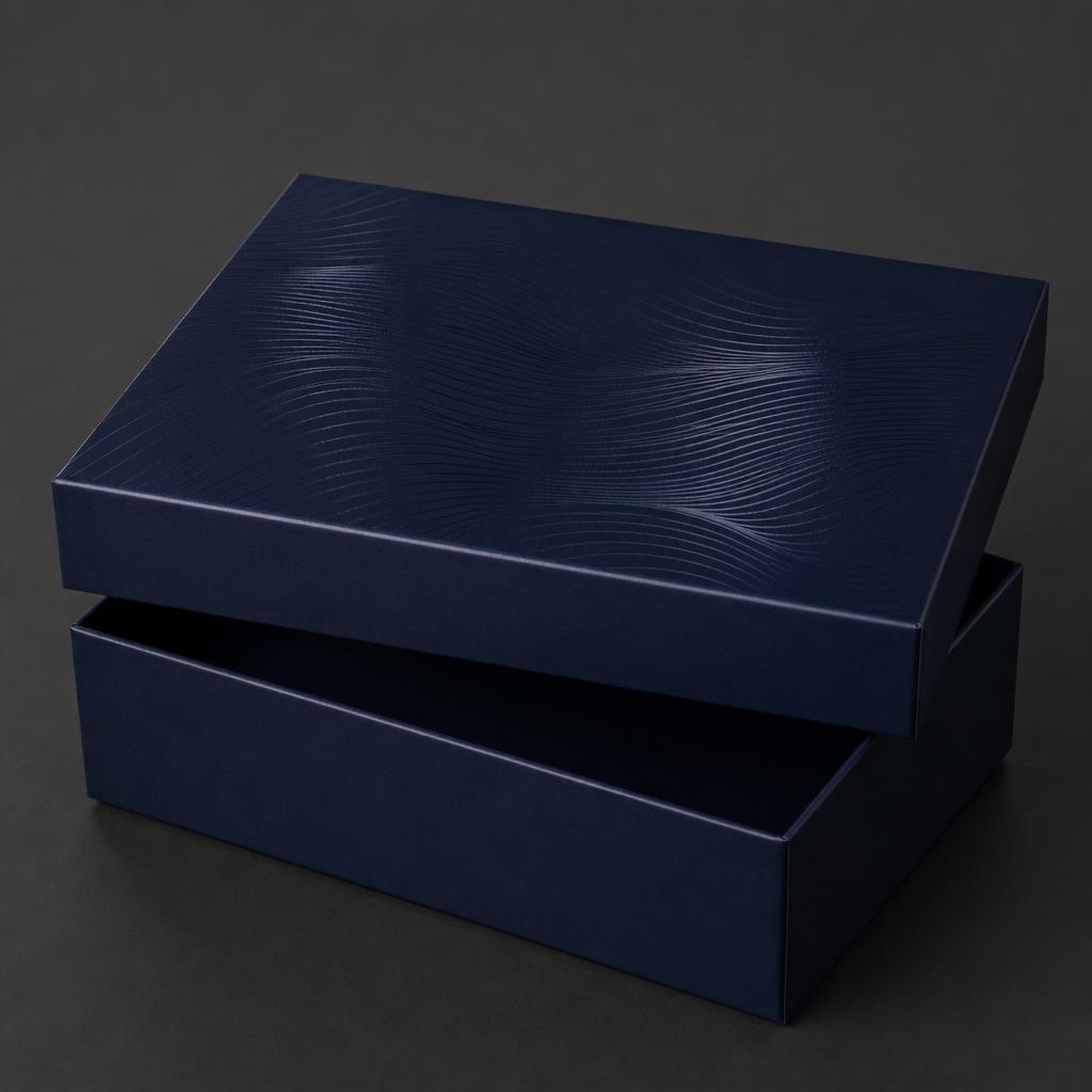 Rigid two-piece gift box · deep navy · spot UV pattern on lid