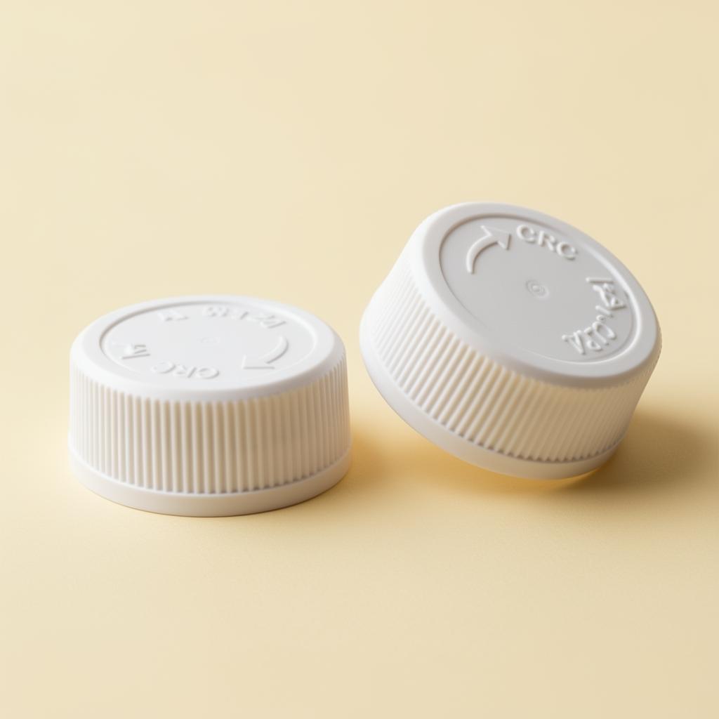 Child-resistant caps · ribbed PP with CRC push-and-turn indicators