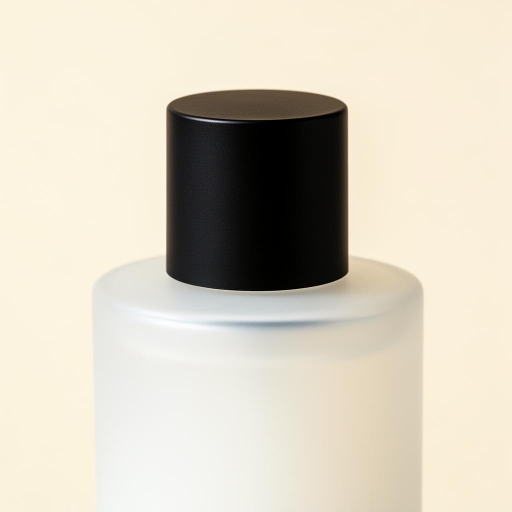 Disc-top cap · matte black PP on frosted bottle