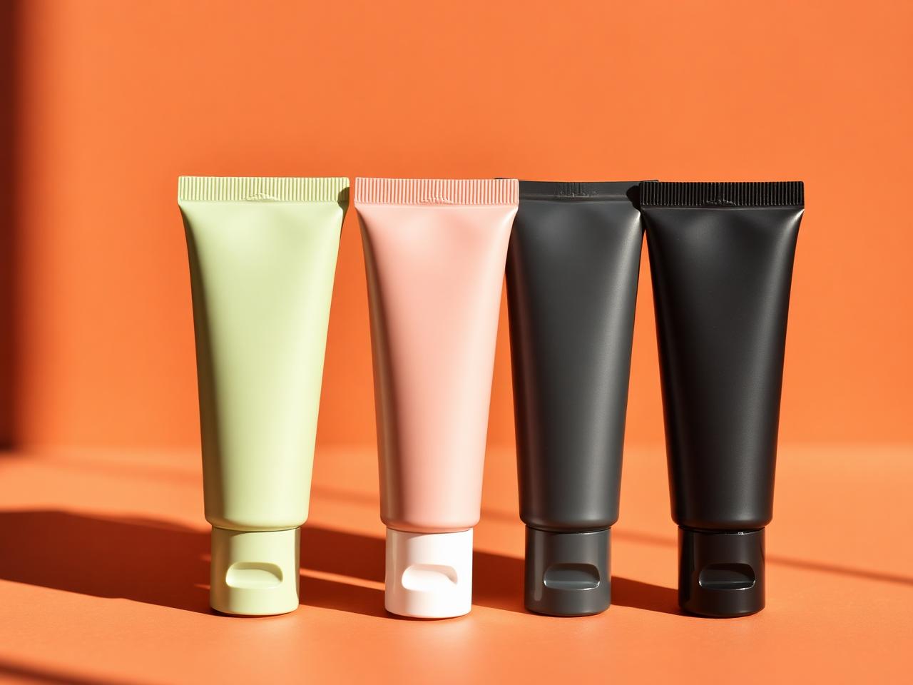 Premium squeeze tubes in sage green, blush pink and matte black on terracotta backdrop