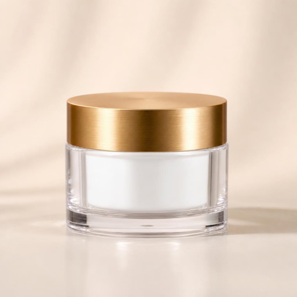 Double-wall · 50 g · clear acrylic over white PP · gold lid