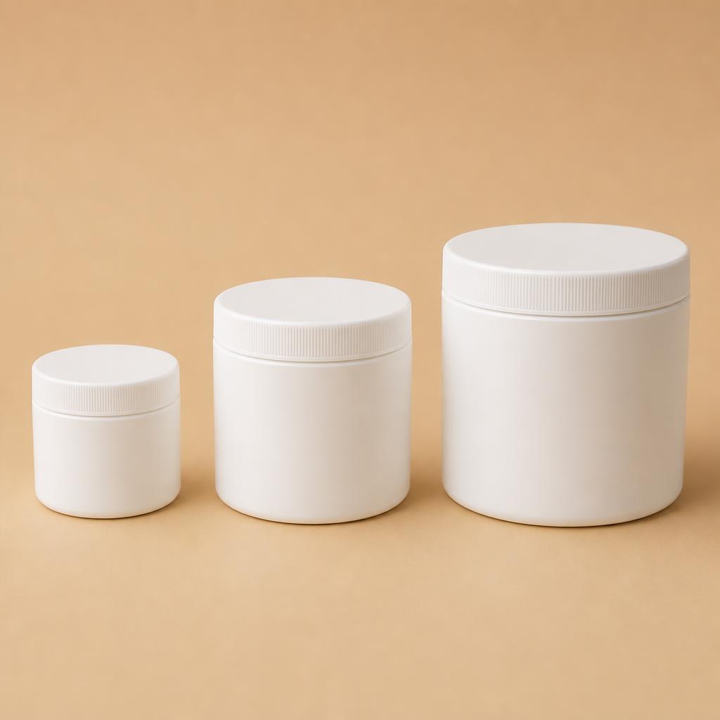 Lip Balm: size lineup, 30 g, 50 g & 100 g white PP single-wall jars